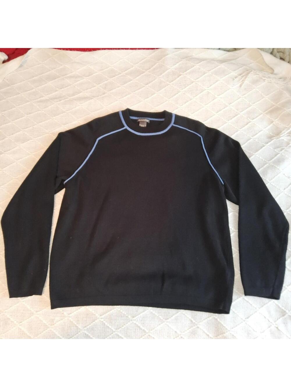 This is a black cotton sweater with light blue piping and a "Pandemonium" tag.